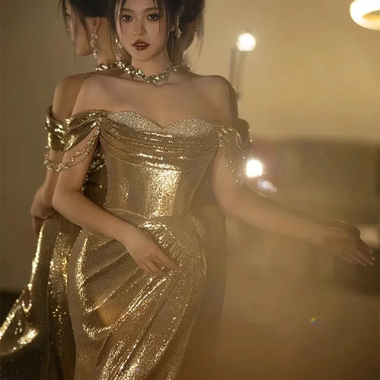 Lautaro Spring Praty Birthday Evening Dresses Woman Off Shoulder Backless Elegant Luxury Prom Floor Length Gold Sequin Dress