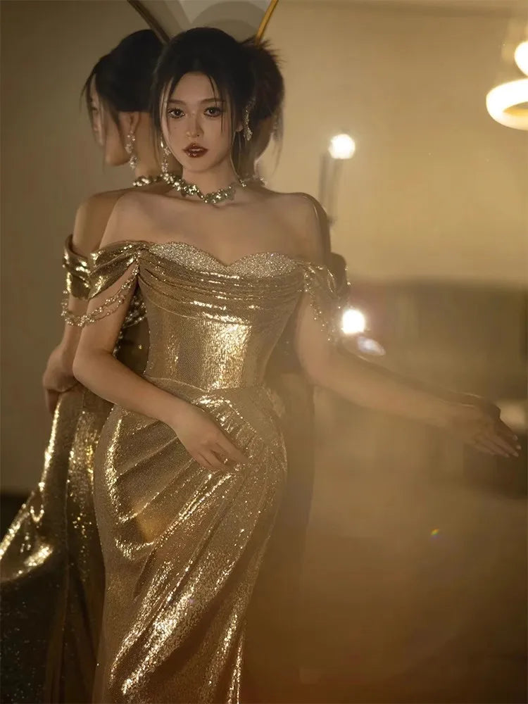 Lautaro Spring Praty Birthday Evening Dresses Woman Off Shoulder Backless Elegant Luxury Prom Floor Length Gold Sequin Dress