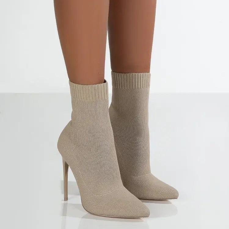 Autumn Luxury Women Beige Sock Boots Exotic Dancer High Heels Stiletto Boots Winter Fashion Stretch Fabric Boots Plus Size Beige