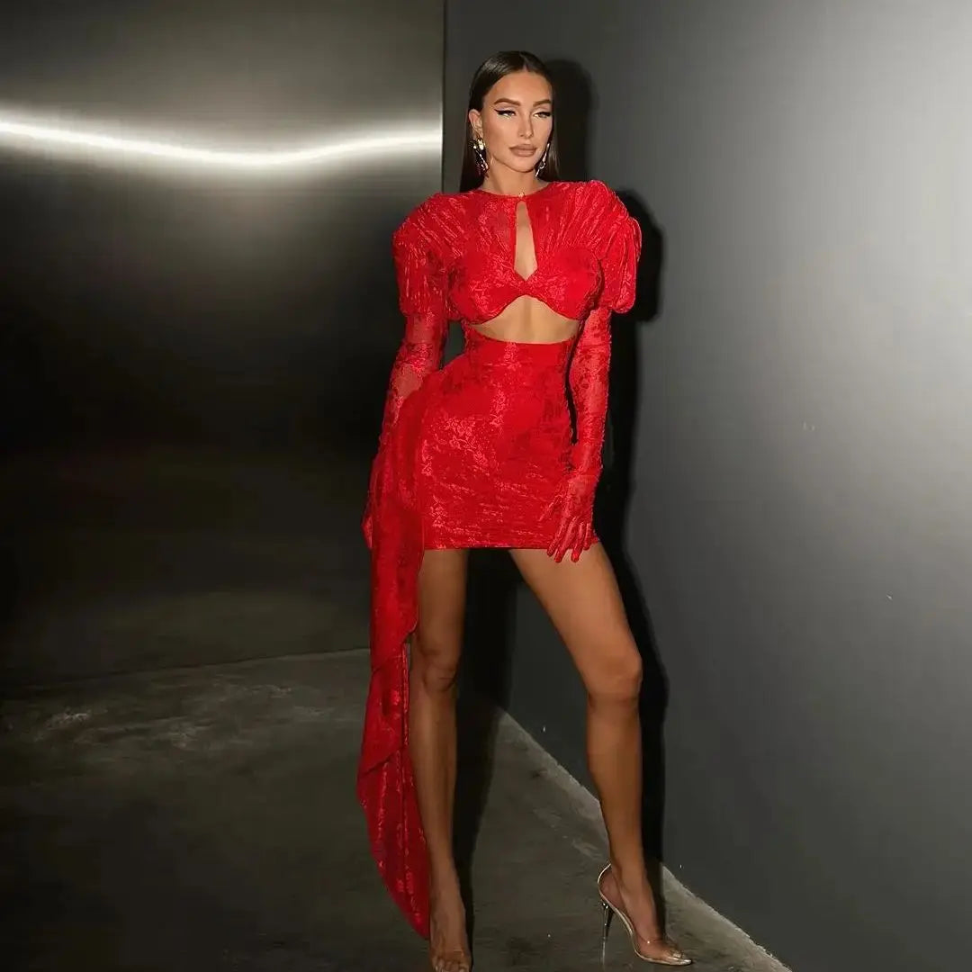 Sexy Hollow Out Long Hemline Lace Evening Dress Fashion Woman Birthday Party Vestido Celebrity Evening Party Outfit