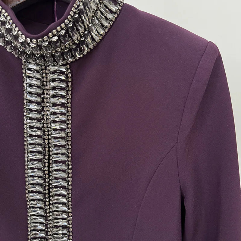 Solid Hollow Out Spliced Bead Dresses for Women High Neck Long Sleeves Patchwork Split Elegant Dress Female Clothes