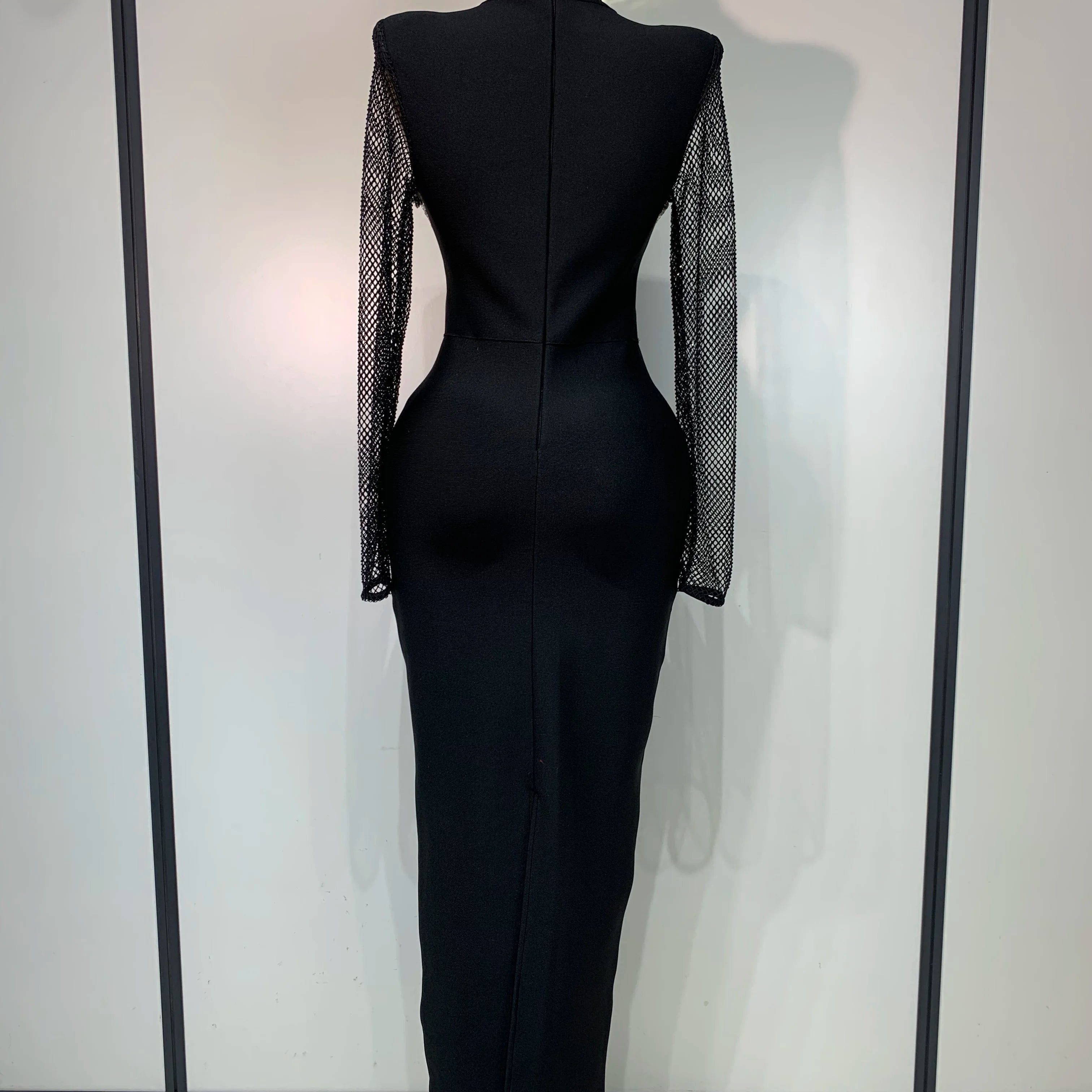 Women Sexy Long Sleeve Beading Black Maxi Long Bandage Dresses Birthday Party Celebrity Elegant Knitted Bodycon Club Dress