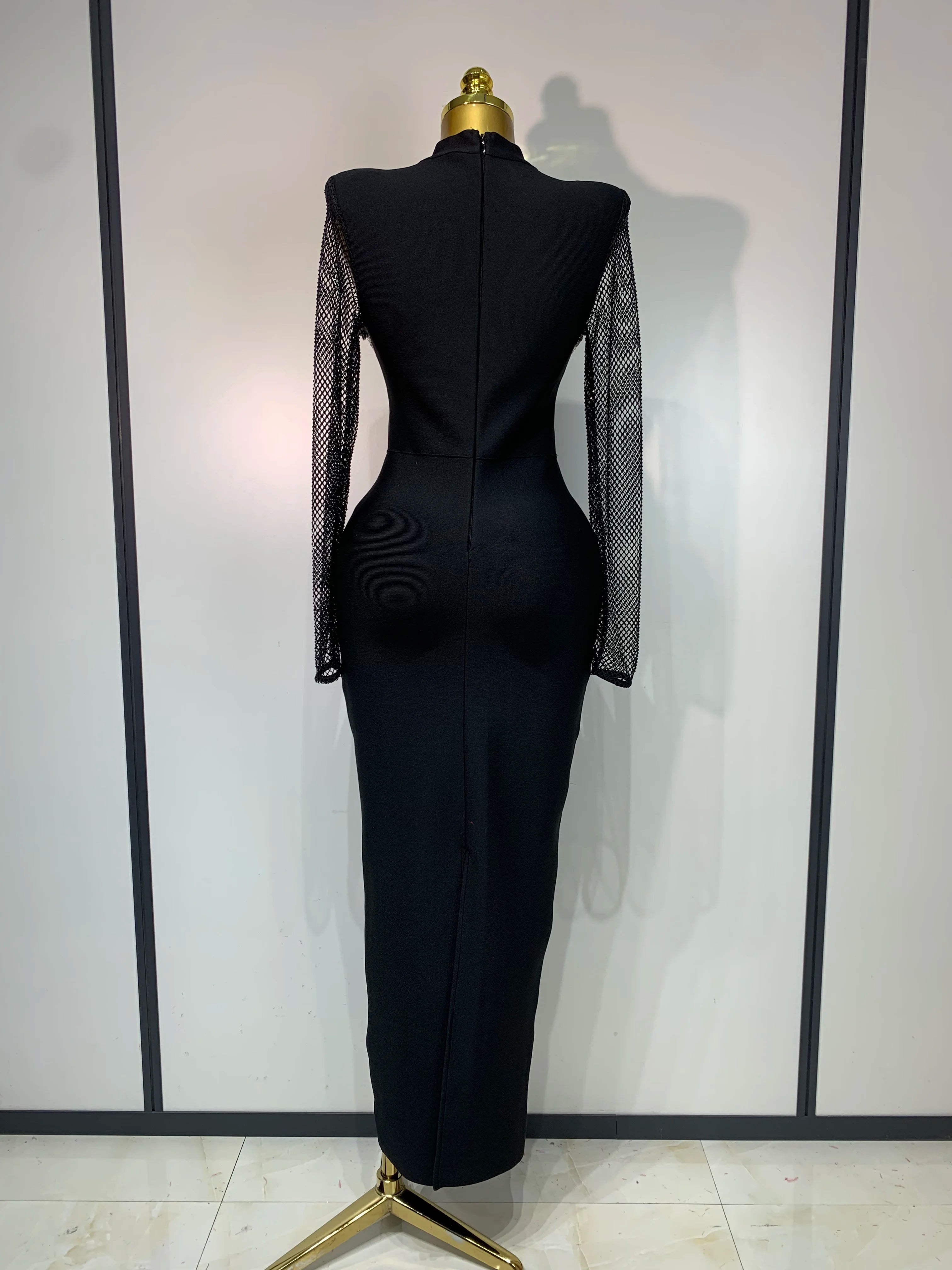 Women Sexy Long Sleeve Beading Black Maxi Long Bandage Dresses Birthday Party Celebrity Elegant Knitted Bodycon Club Dress
