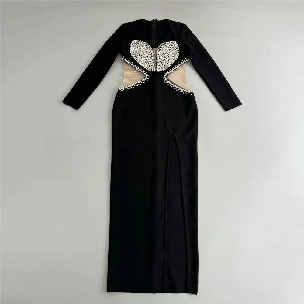 Elegant Evening Party Dress Black Color Women Long Sleeve Shinning Rhinestones Bodycon Long Bandage Dress Cocktail Party Outfit black