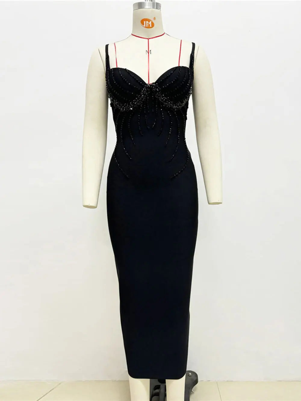 2025 Sexy Women Three-Dimensional Rhinestone Design Bandage Dress Spaghetti Strap Sleeveless Bodycon Backless Midi Dress Vestido black