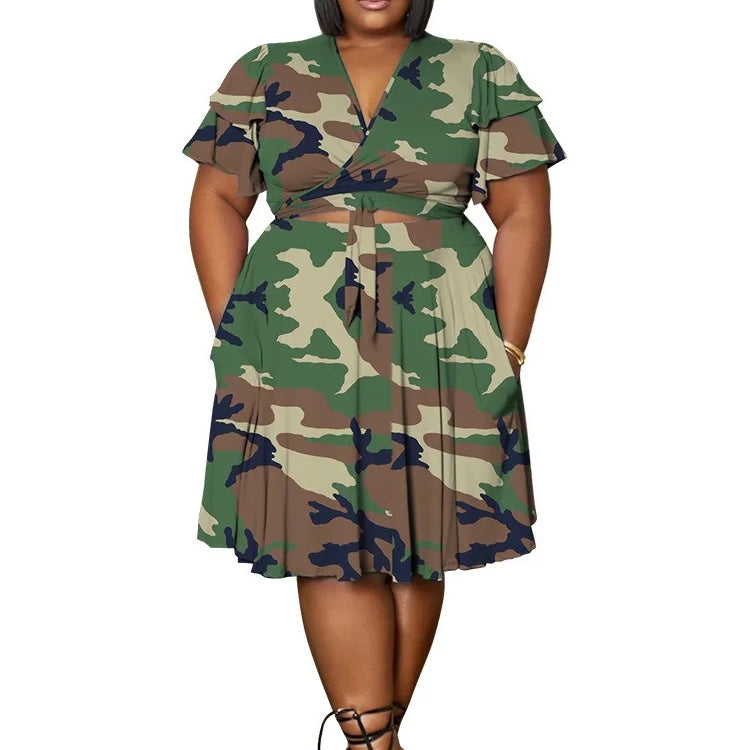 Wmstar Plus Size Shorts Sets Casual V Neck Crop Top and Short Skirts Two Piece Women Matching Outfits Wholesale Dropshipping