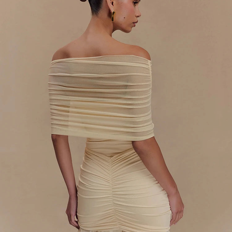 Mesh Strapless Off-shoulder Sexy Ruffled Mini Dress For Women Fashion Backless High Waist Female Ruched Party Dress