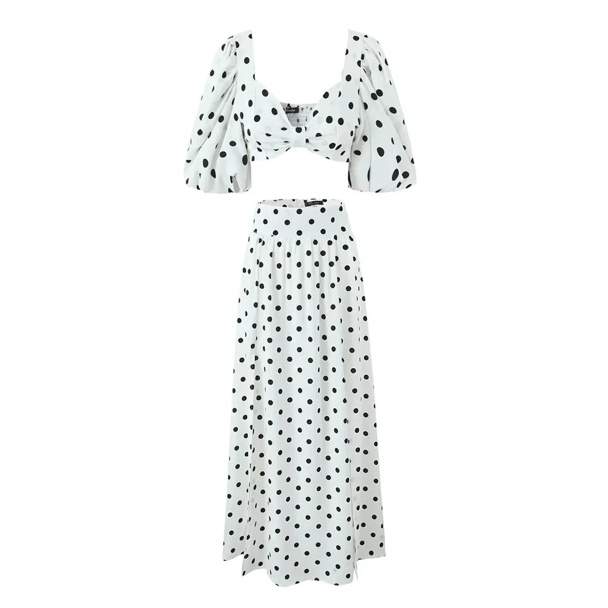 Foridol Vintage Polka Dots Printed 2 Pcs Set Women Summer Matching Set Maxi Skirt Beach Dress Set New Outfits Holiday Robe WHITE