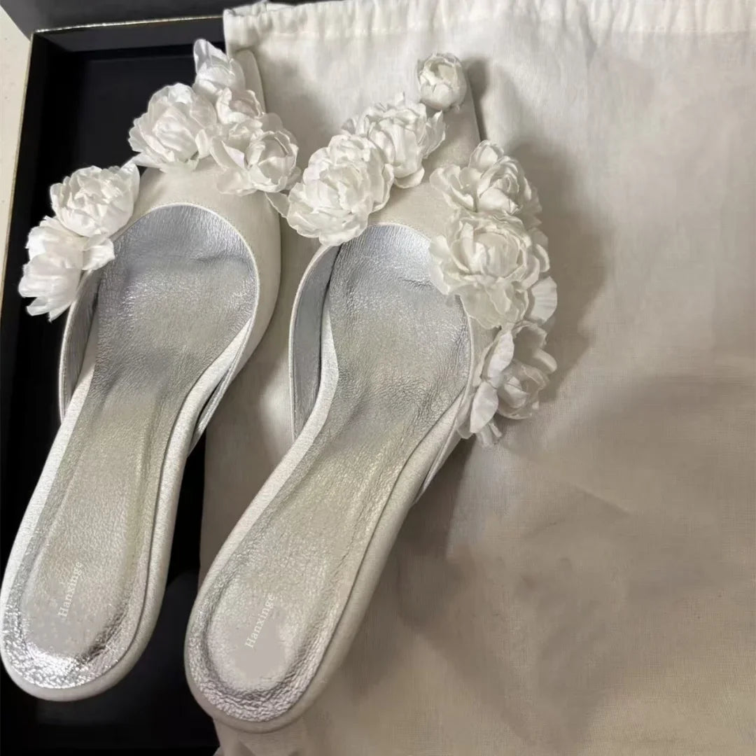 Multi Flower Wedding Sandals Satin Pointed Toe White Pull On High Heel Solid Slip On Blossom Shallow Outdoor Dress Party Mules as picture