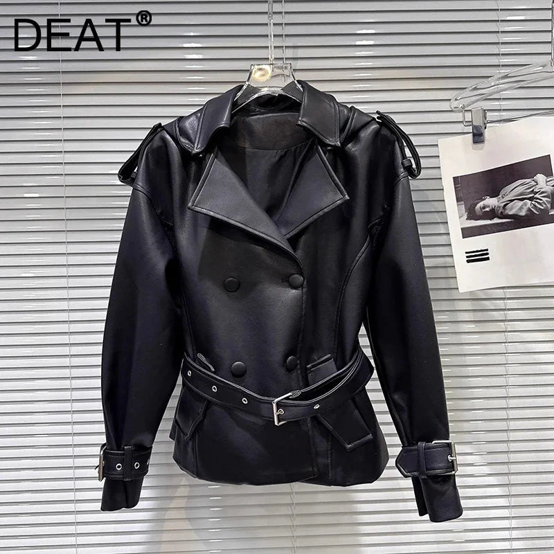Winter New Fashionable Street Style Double-Breasted Belted Waist PU Leather Hooded Jacket For Women Coat 11A07952