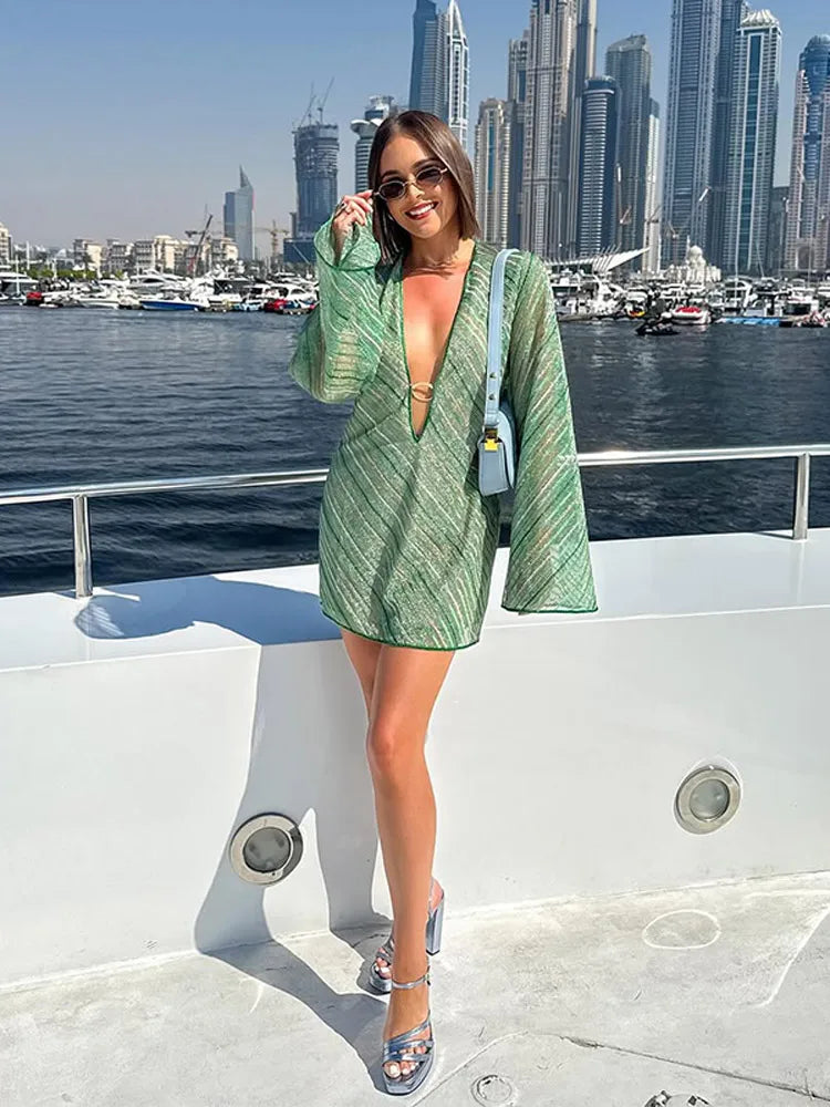 Summer Chic Shiny Striped Mini Dress Women Metal Ring Deep V-neck Flare Long Sleeve Robe New Female Evening Party Vestidos 2025