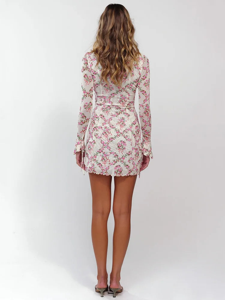 Deep V Neck Lace-up Print Sexy Mini Dress For Women Robe Elegant Long Sleeve High Waist Bodycon Floral Print Dress