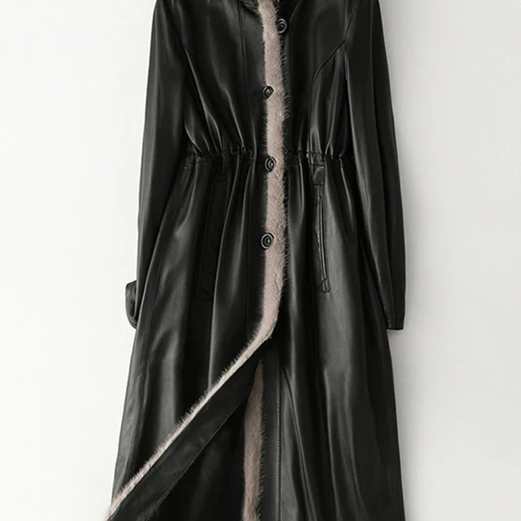 Winter Long Warm Thick Black Leather Coat Women with Fur Inside Elegant Luxury Faux Fur Lined Jacket Parka Fashion 2021 Black