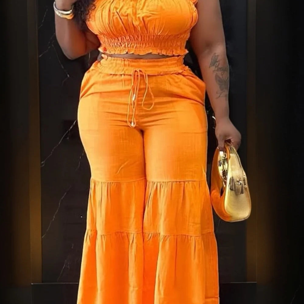 Plus Size Vacation Orange Casual Smocking Two Piece Pant Sets Orange
