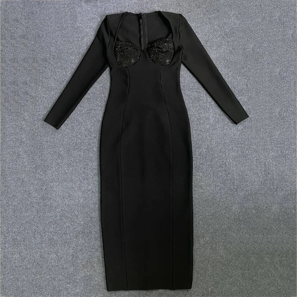 Black Red Color Women Long Sleeve Sexy Square Collar Rhinestones Bodycon Bandage Long Dress Nightclub Party Celebrate Dress