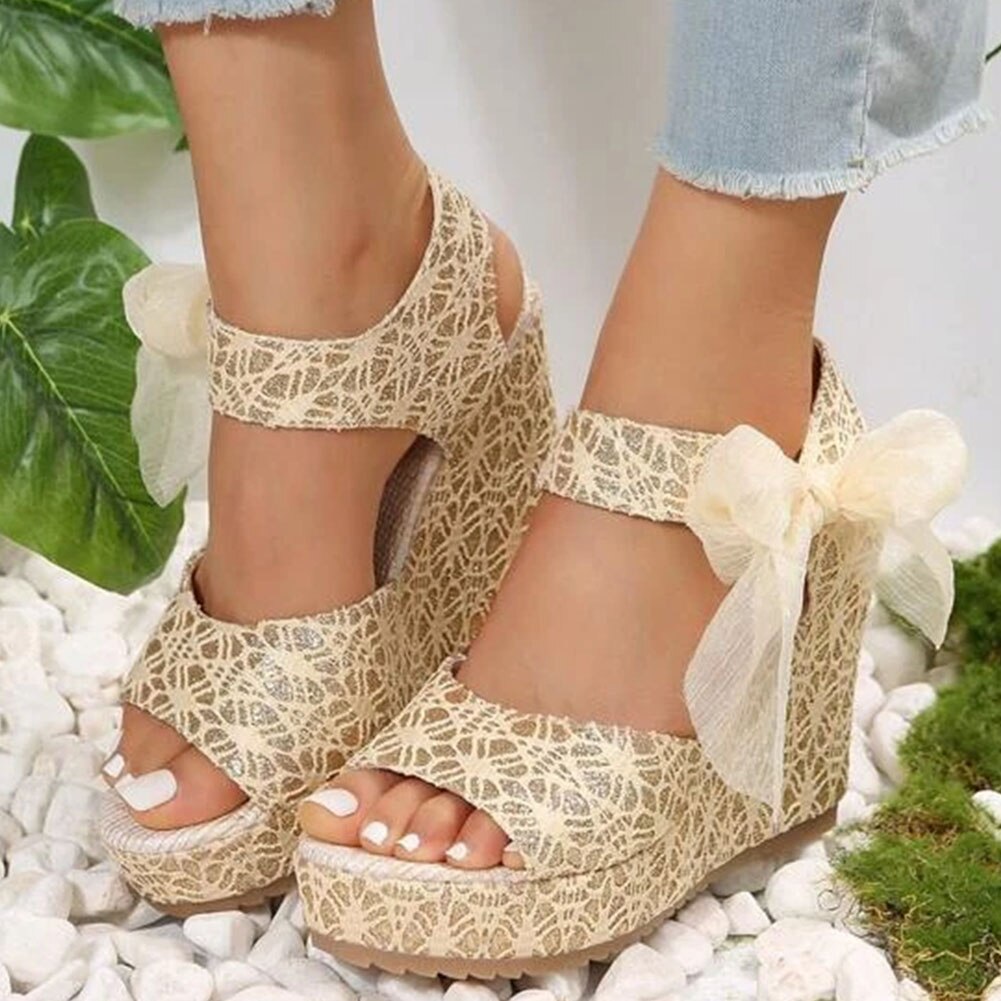 Women Sandals Summer Platform Wedges High Heels Bohemia Open Toe Print Shoes Woman Vacation Beach Elegant Lady Sandals Dropship apricot
