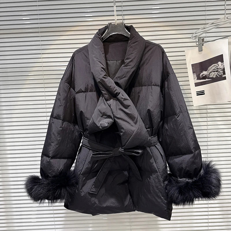 Winter New Elegant Temperament Furry Cuff Scarf Tie Waist Warm Jacket For Women Loose Cotton-padded Coat 11A07600 Black One Size