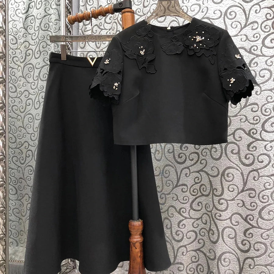 Solid Fashion Two Piece Sets for Women Round Neck Short Sleeves Patcwork Applique Top High Waist Skirt Set Female