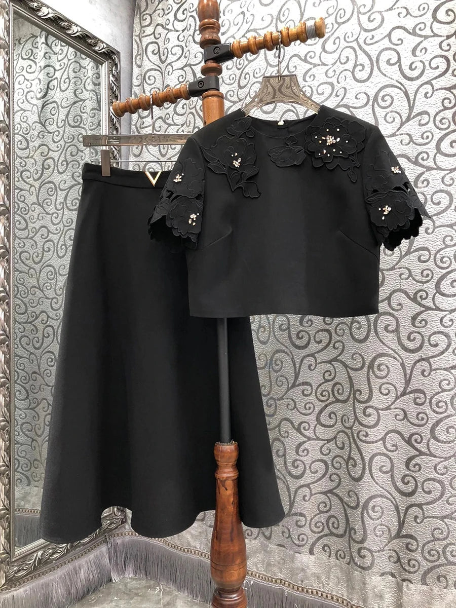 Solid Fashion Two Piece Sets for Women Round Neck Short Sleeves Patcwork Applique Top High Waist Skirt Set Female