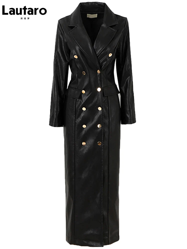 Spring Autumn Extra Long Black Faux Leather Trench Coat for Women Double Breasted Luxury Elegant British Fashion 2022
