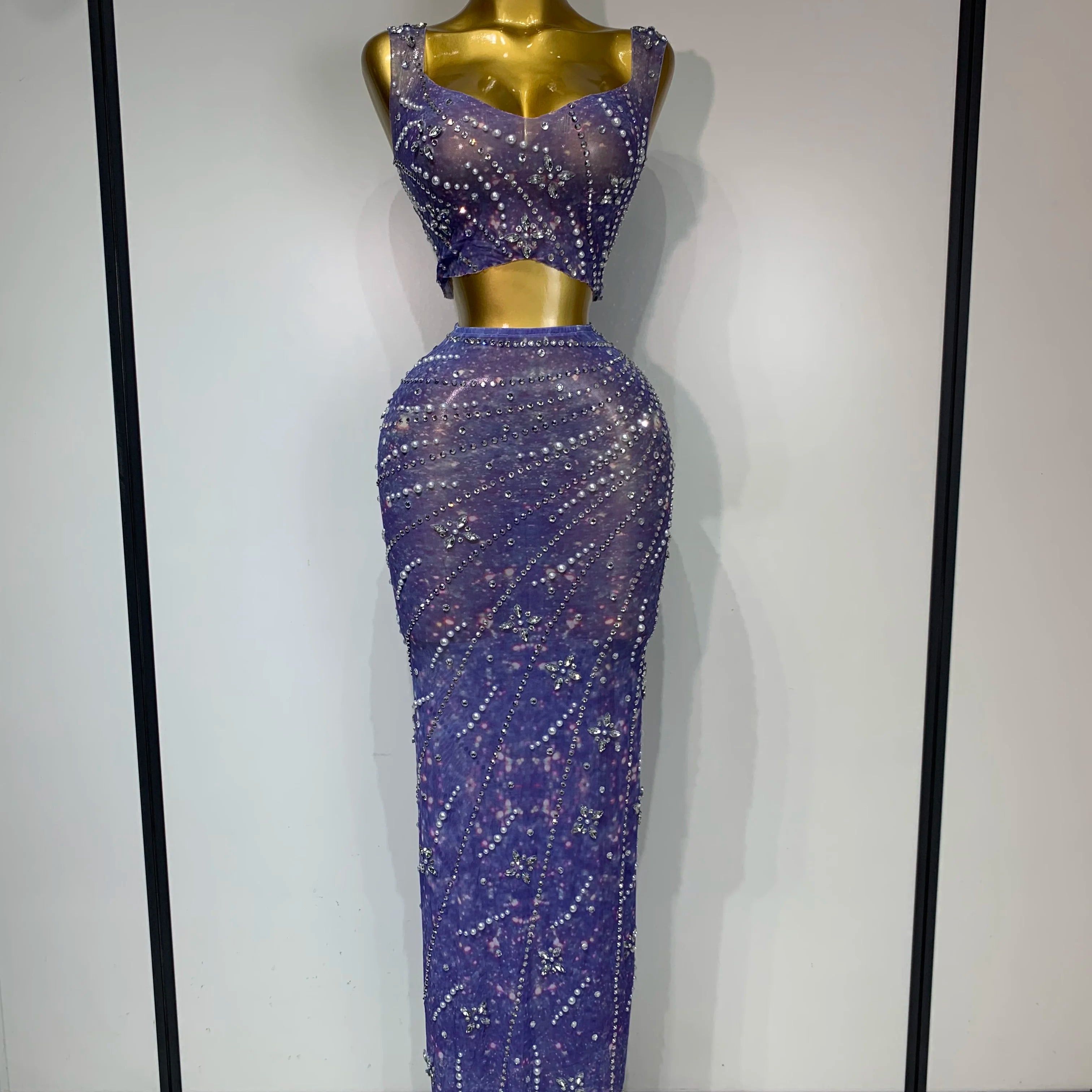 Sparkly Rhinestones Top Long Skirt Two Pieces Set Women Celebirty Luxury Birthday Dress Nightclub Stage Performance Costume ROYAL BLUE
