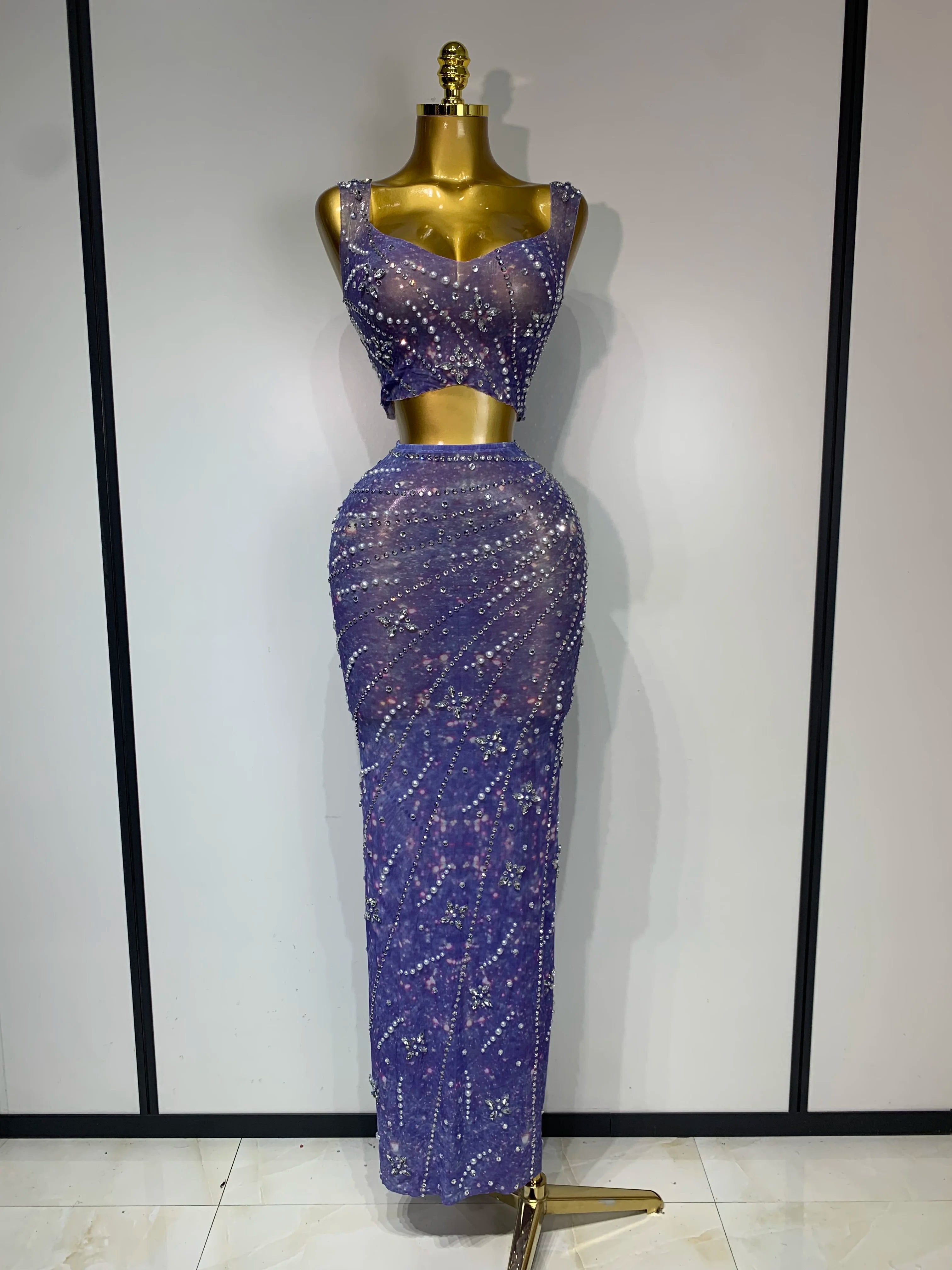 Sparkly Rhinestones Top Long Skirt Two Pieces Set Women Celebirty Luxury Birthday Dress Nightclub Stage Performance Costume ROYAL BLUE