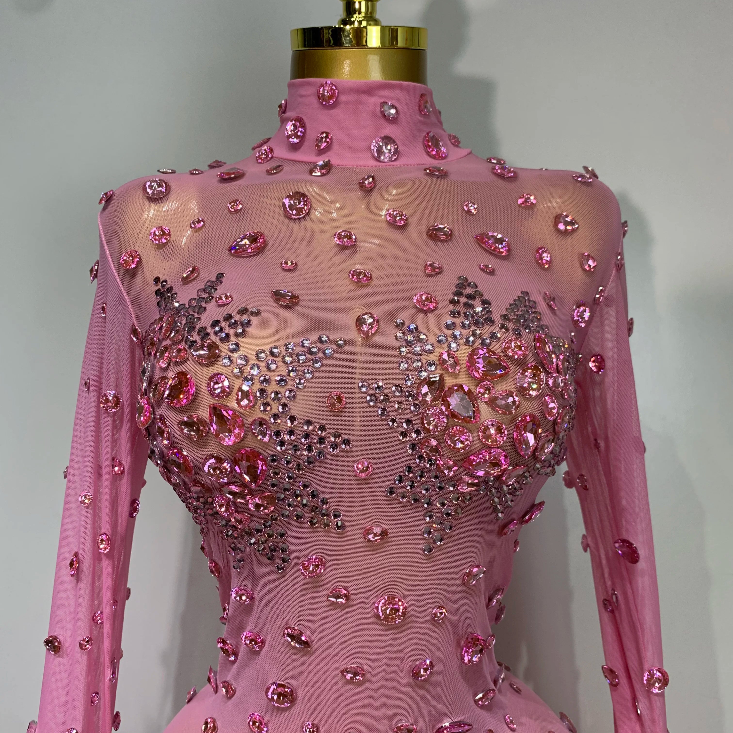 Shiny Diamond Mesh See Through Bodycon Jumpsuit Women Sexy Long Sleeve Performance Singer Costume Nightclub Stage Outfit