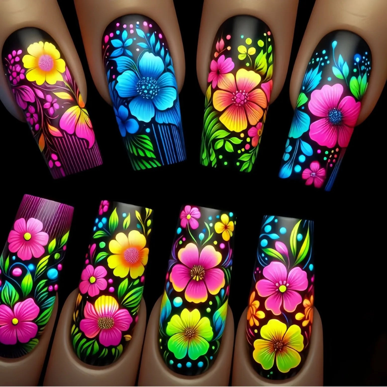 24pcs/set Medium long fake nails square ballet tips flowers butterfly for spring summer season blue green press on false nail 2136