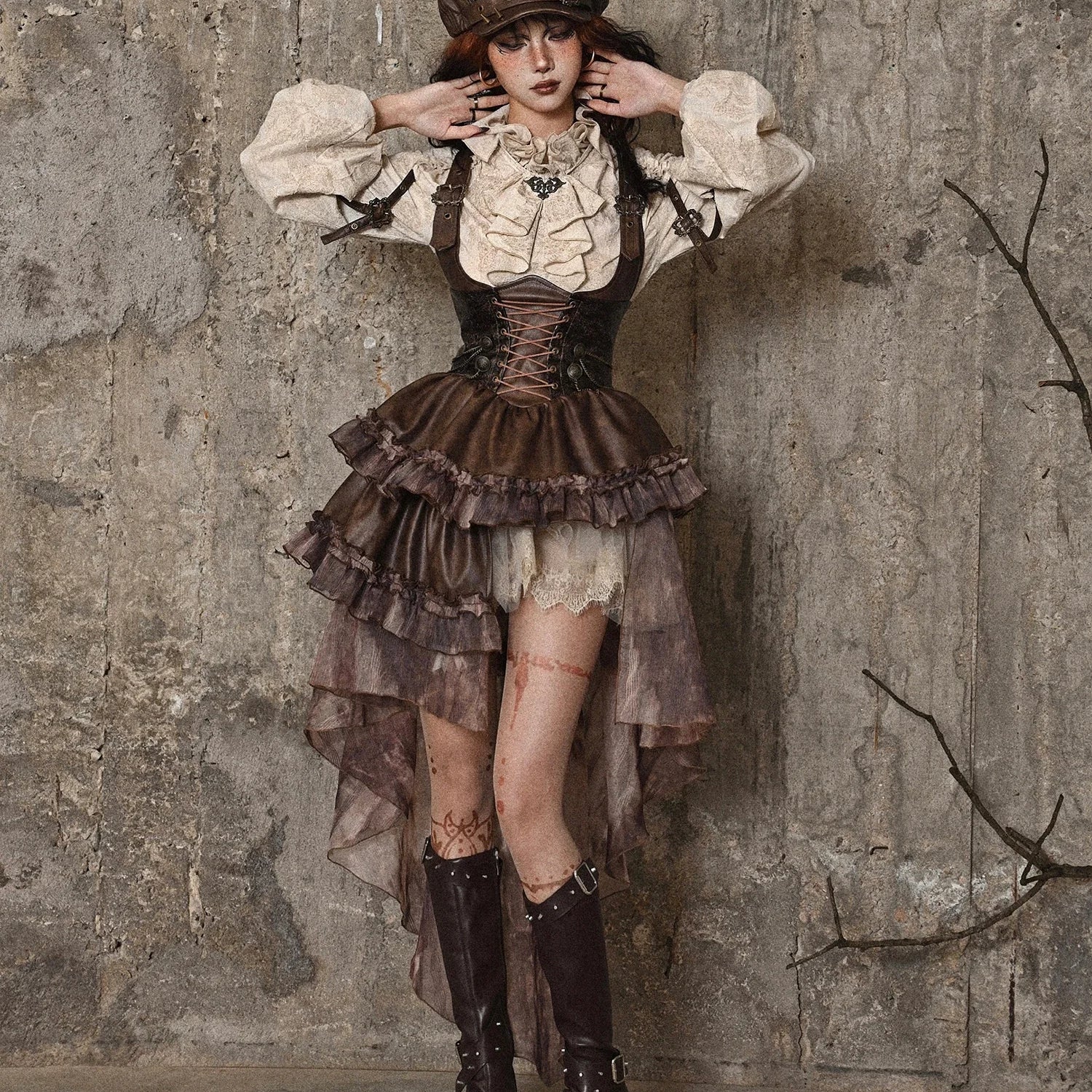 Original Punk Asymmetrical PU Chest Plate Strap Trailing Dresses Long Sleeve Shirt Dress Sets Autumn New Gothic Girls Outfits