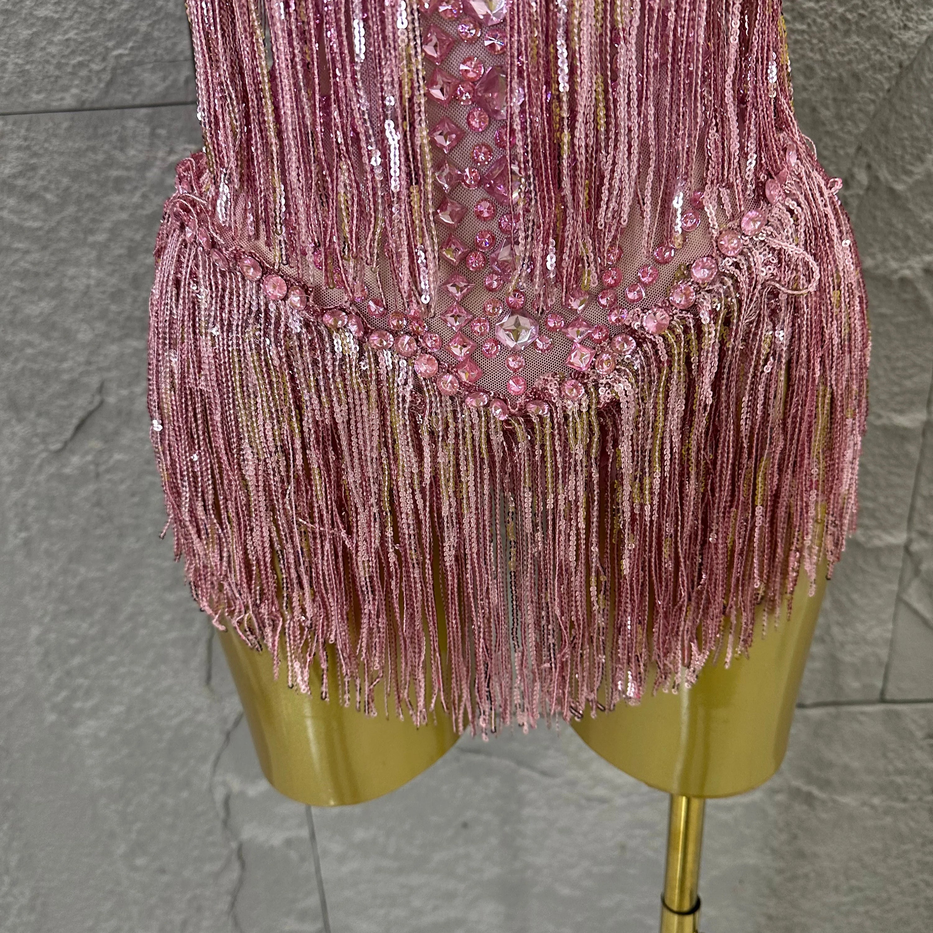 Opulent Pink Sparkly Rhinestone Feather Train Bodysuit Sexy Stage Performance Costume Singer Birthday Party Nightclub Outfit