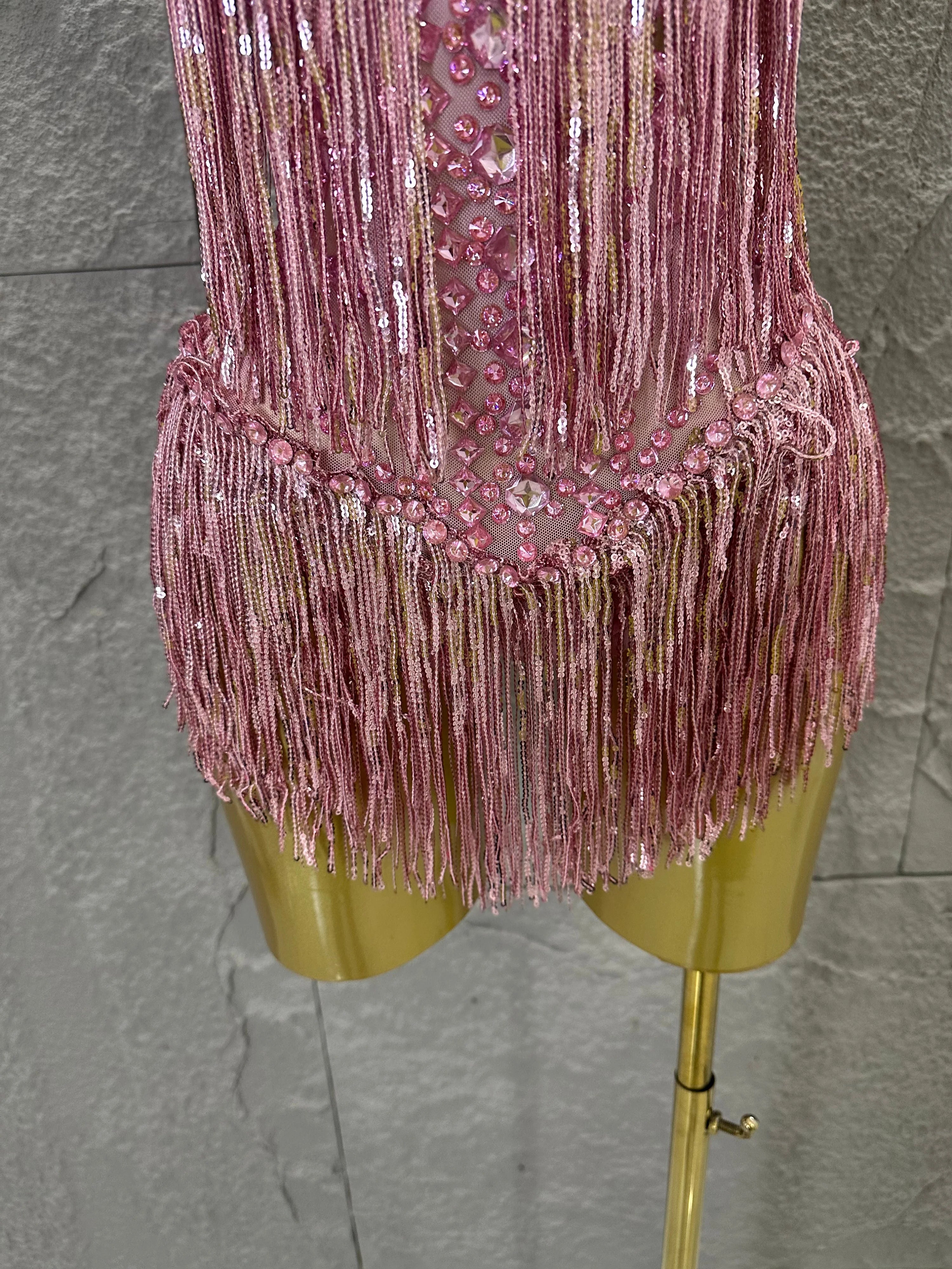 Opulent Pink Sparkly Rhinestone Feather Train Bodysuit Sexy Stage Performance Costume Singer Birthday Party Nightclub Outfit
