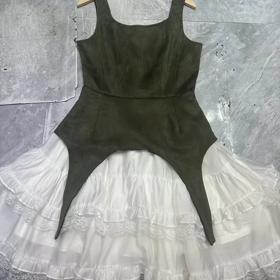 Colorblock Slimming Temperament Dresses for Women Square Neck Sleeveless Patchwork Ruffles Fold Dress Female New