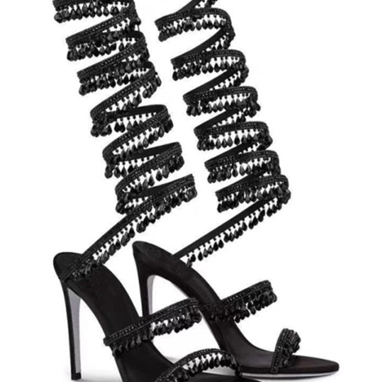 Women's New Rhinestone Sandals Fashion Tassel Crystal Shoes Sexy Nightclub Banquet Party Twining Stiletto Women's Sandals Black long style