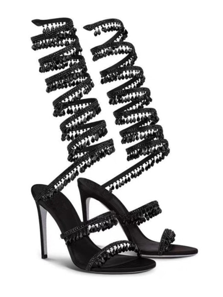 Women's New Rhinestone Sandals Fashion Tassel Crystal Shoes Sexy Nightclub Banquet Party Twining Stiletto Women's Sandals Black long style