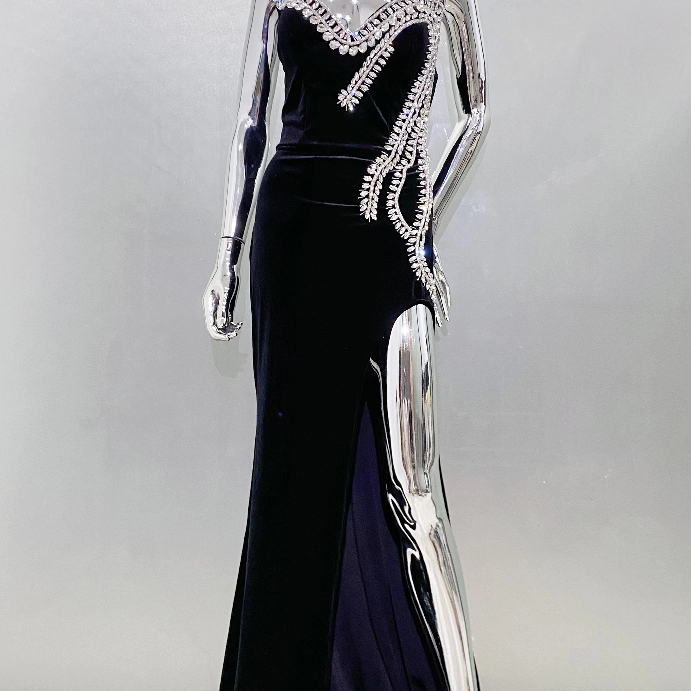 Luxury Stereoscopic Rhinestone Design HIgh Slit Strapless Floor Length Dress Graceful Woman Evening Dress Performance Costume black