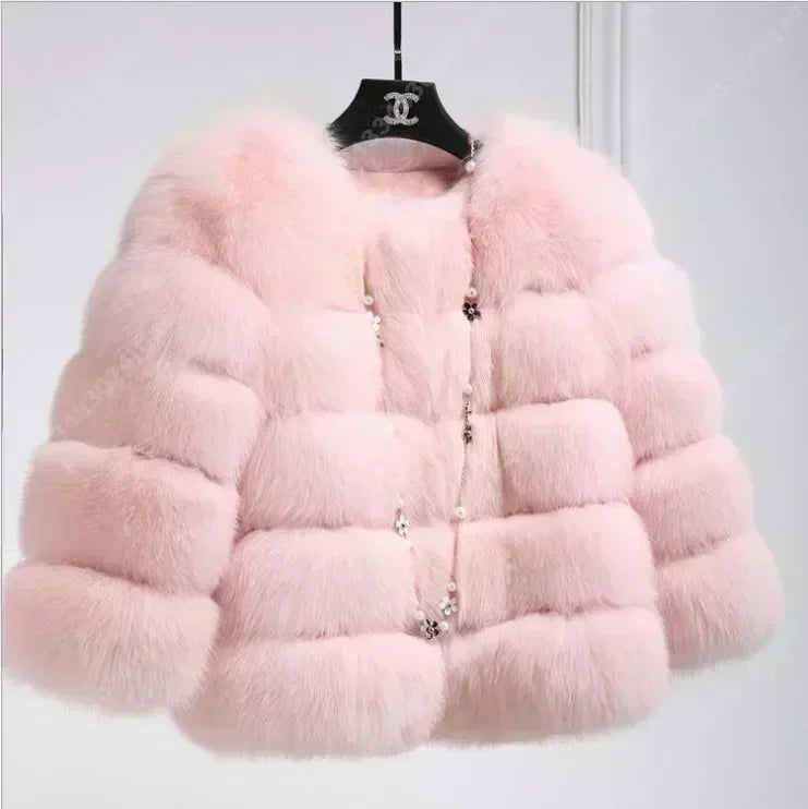 NEW Long Sleeve Faux Fur Coat 2025 Winter Women Fashion Thick Warm Fuzzy Coat Outerwear Female Gray/Black Fake Fur Jacket Pink