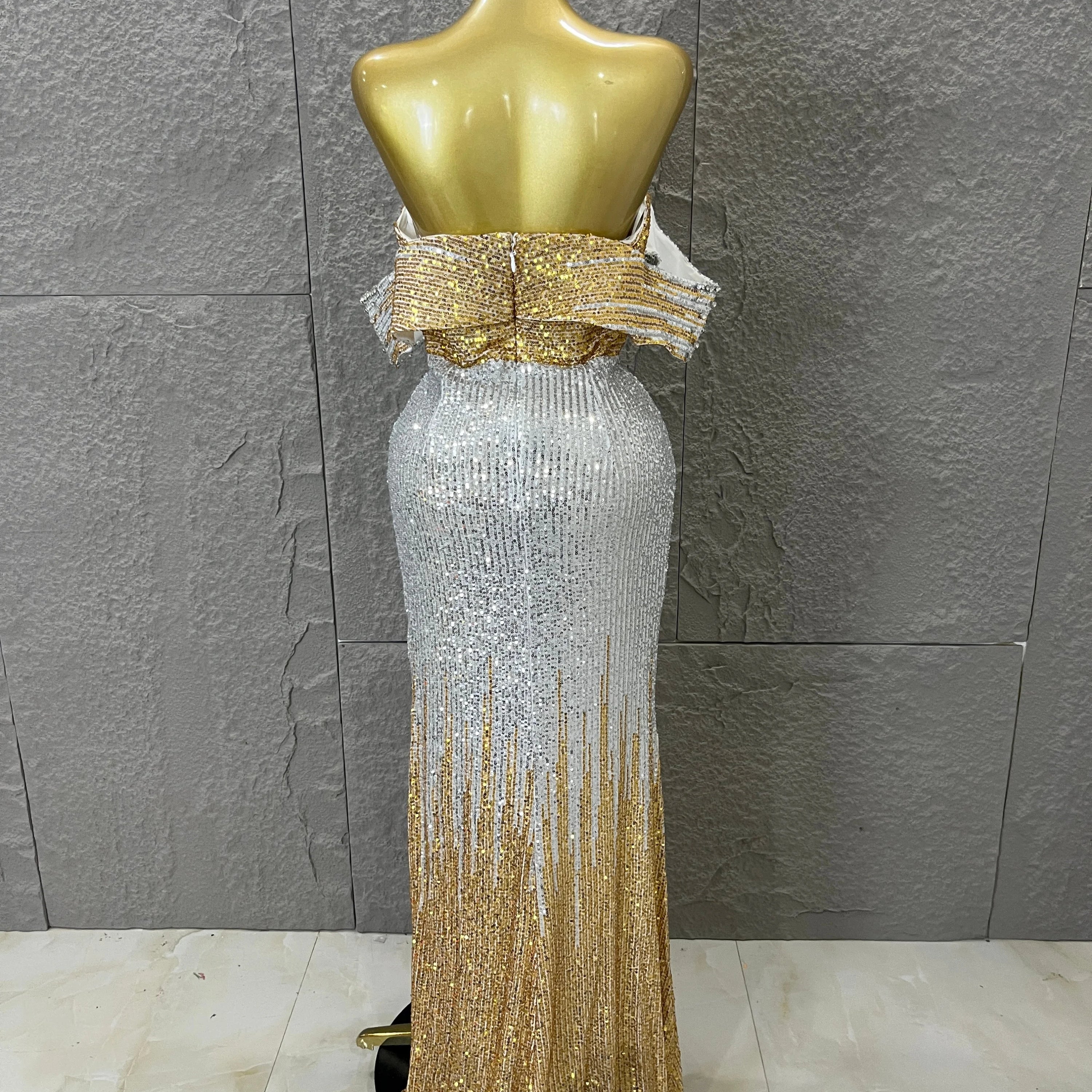 Sparkly Silver Gold Sequin Off Shoulder High Slit Dress Allover Glitter Evening Party Club Birthday Gala Celebration Event