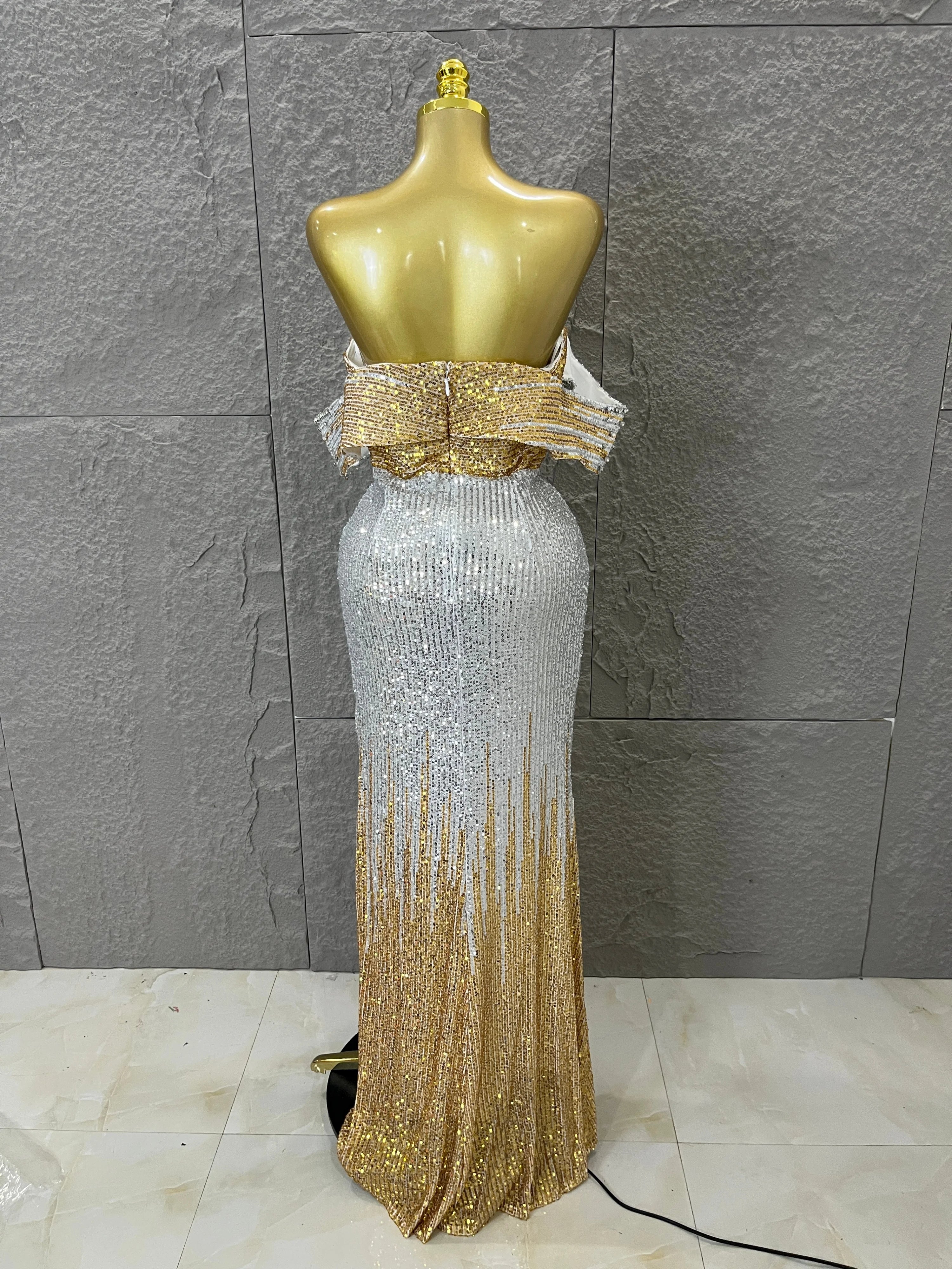Sparkly Silver Gold Sequin Off Shoulder High Slit Dress Allover Glitter Evening Party Club Birthday Gala Celebration Event