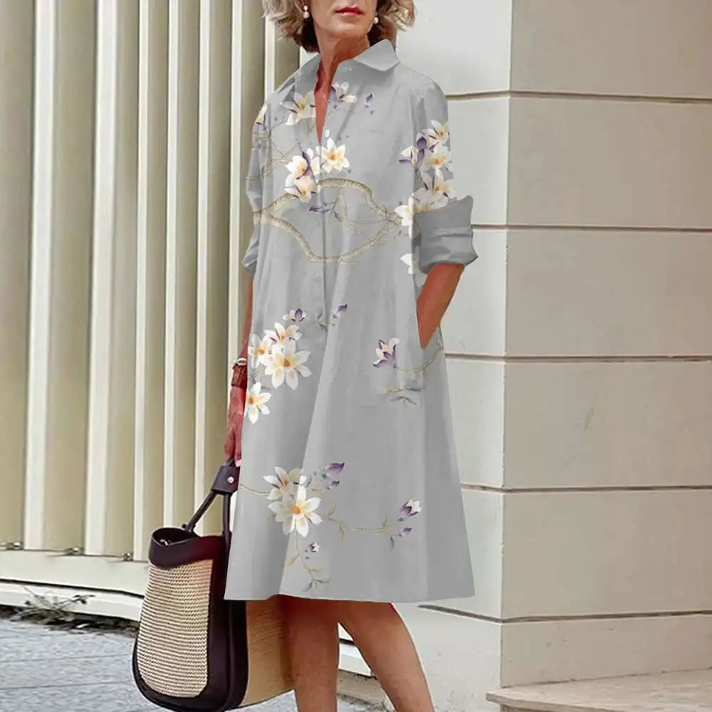 Women's Elegant Shirt Dresses Fall Fashion Floral Long Sleeve Loose A-Line Dresses Women's Office Ladies Red Green Lapel Gowns