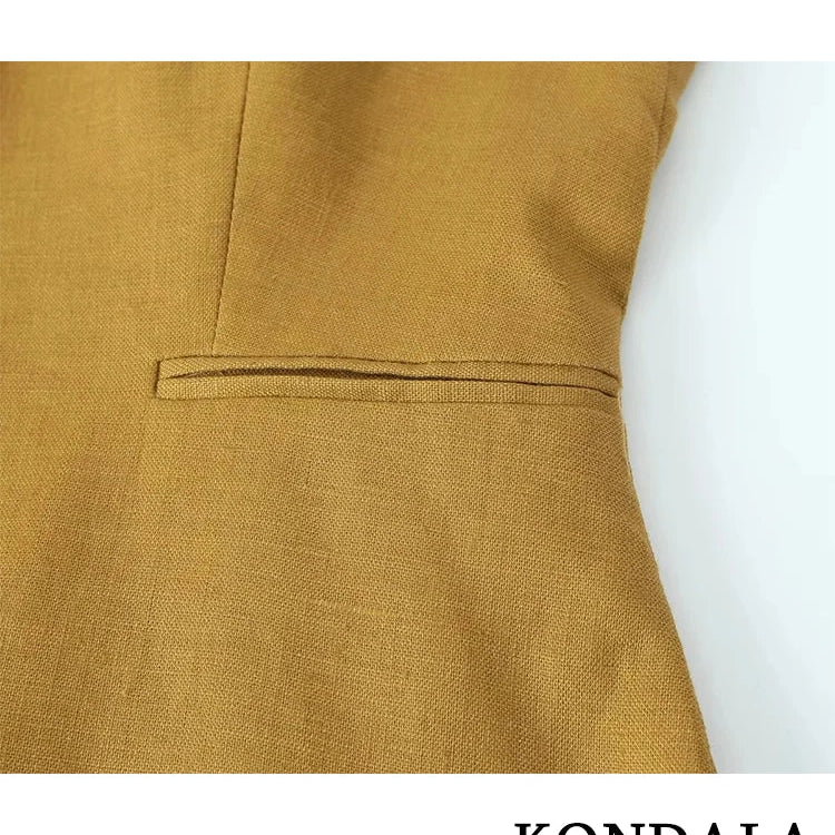 KONDALA Office Lady Linen Brown Suits Women V Neck Single Buttons Vest Blazer+High Waist Wide Leg Pants Fashion Summer Sets