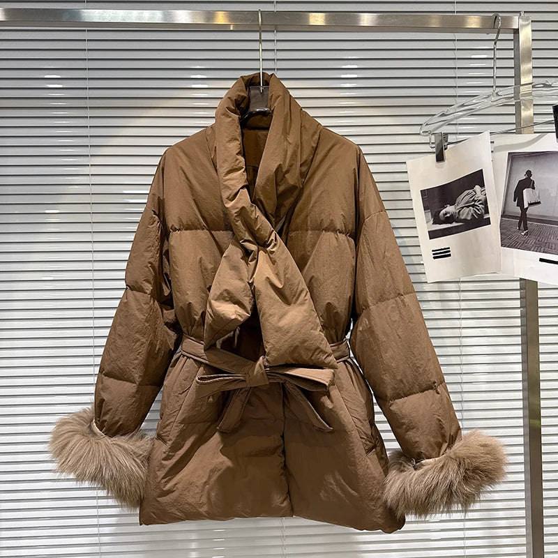 Winter New Elegant Temperament Furry Cuff Scarf Tie Waist Warm Jacket For Women Loose Cotton-padded Coat 11A07600 Brown One Size