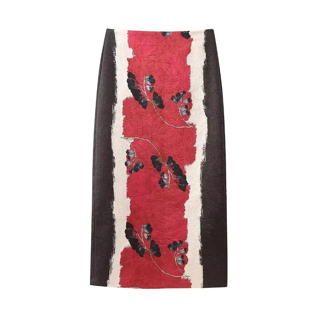 TRAFZA Summer New Fashion Holiday Printed Midi Long Skirt Zipper High Waist A Line Straight Skirts Vent Back Female Y2K red