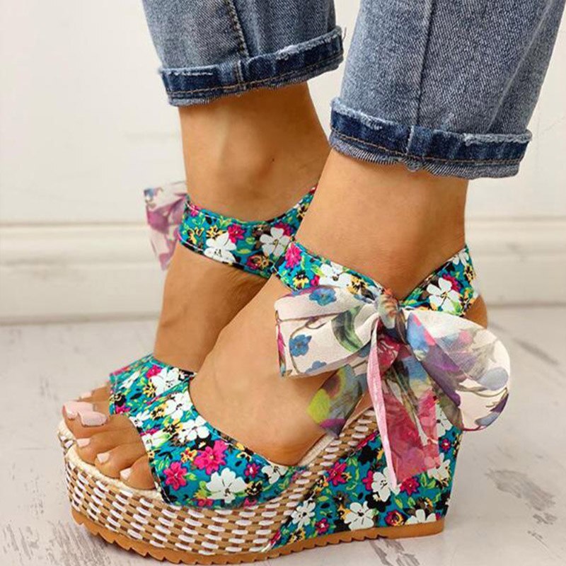 Women Sandals Dot Bowknot Design Platform Wedge Female Casual High Increas Shoes Ladies Fashion Ankle Strap Open Toe Sandals blue1