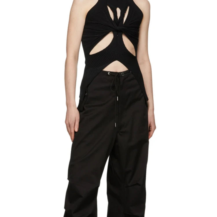 Solid Hollow Out Knitting Tank Tops For Women Turtleneck Sleeveless Off Shoulder Slim Vests Female Fashion Clothing