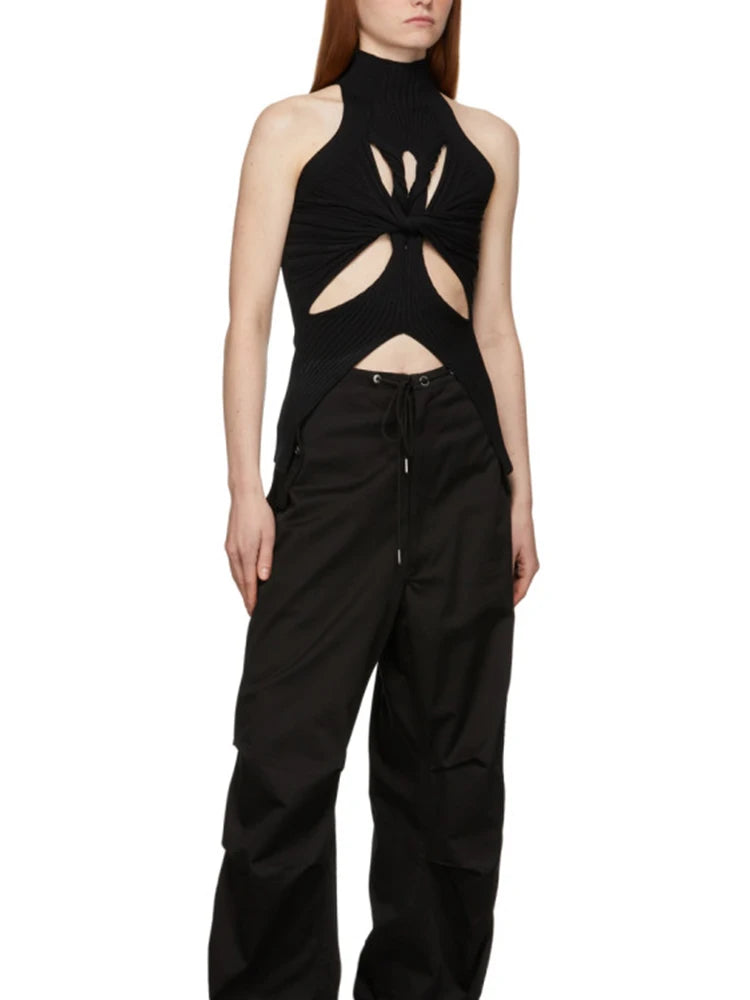 Solid Hollow Out Knitting Tank Tops For Women Turtleneck Sleeveless Off Shoulder Slim Vests Female Fashion Clothing