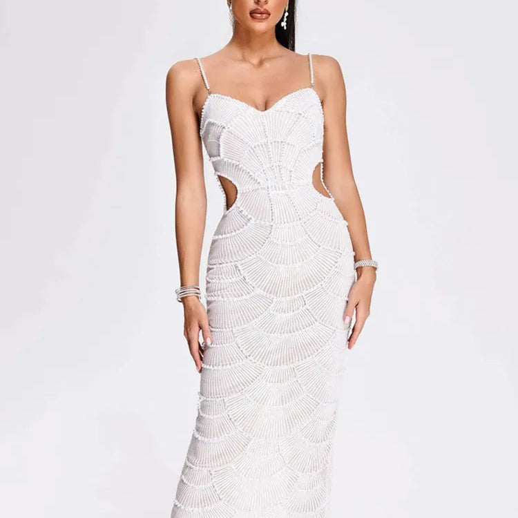 Women Luxury Sexy V Neck White Pearl Beading Cut Out Maxi Long Bodycon Gowns Dress Birthday Elegant Evening Party Club Dress WHITE