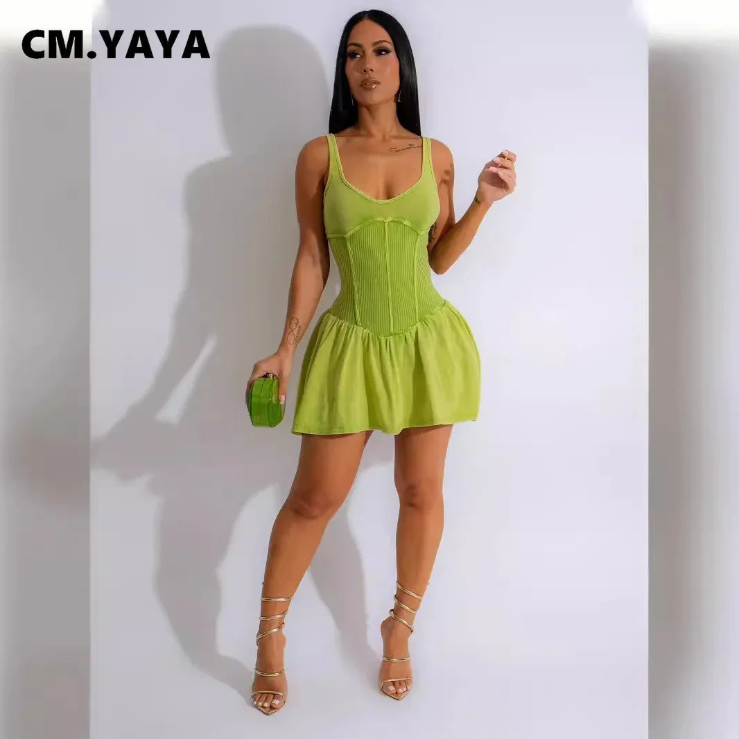 CM.YAYA Women Sleeveless O-neck Pleated Ruched Dress 2024 Summer Beach Cute Sexy Evening Night Club Party Washed Mini Dresses