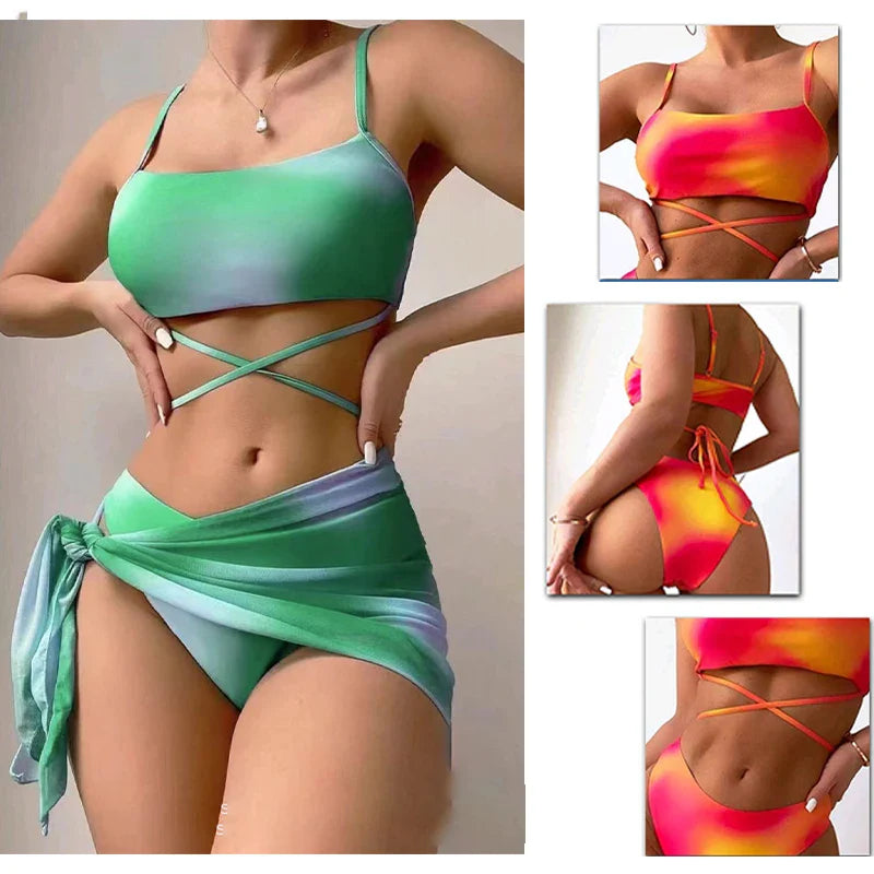 Sexy Womens 3 Pieces Bikini Set Tie Dye Swimsuit Beachwear Summer Fashion Push Up Comfortable Mesh Skirt Suit for Ladies