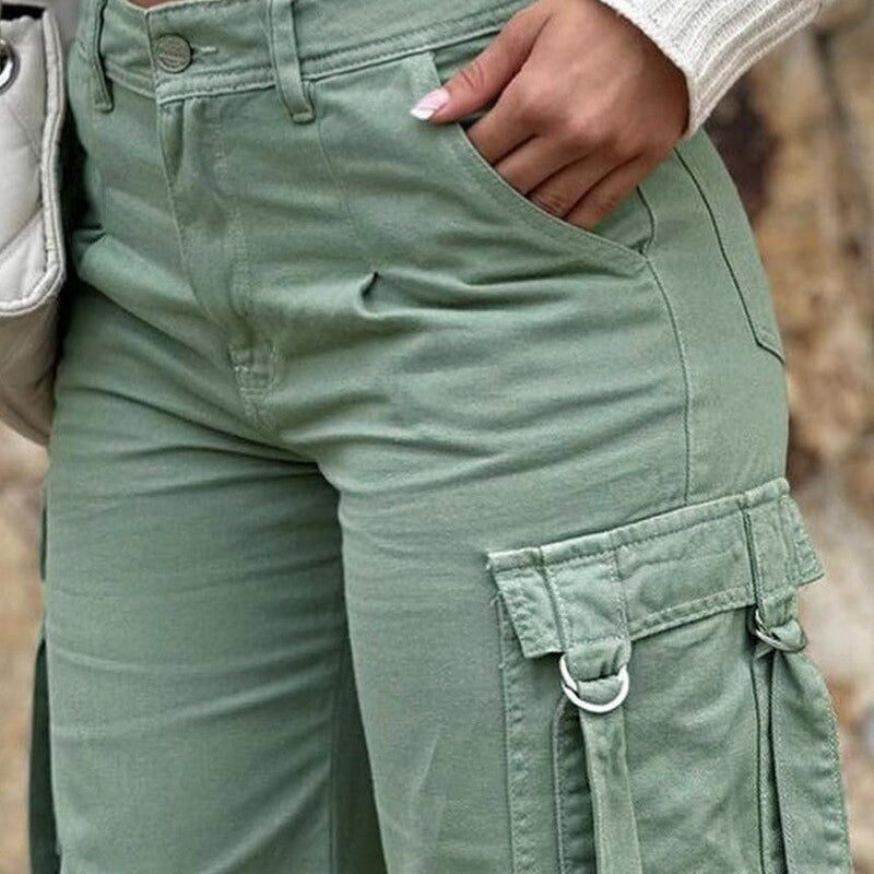 Pocket Design High Waist Cargo Pants Women Solid Color Summer Spring Pants Safari