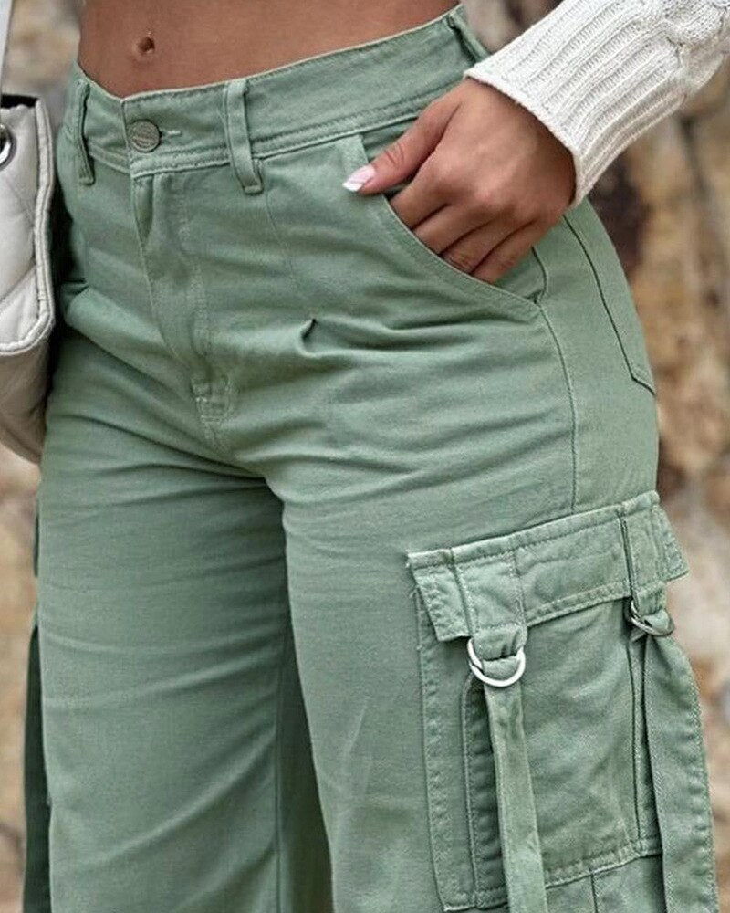 Pantalon Cargo taille haute avec poches pour femmes, couleur unie, pantalon Safari pour l'été et le printemps 